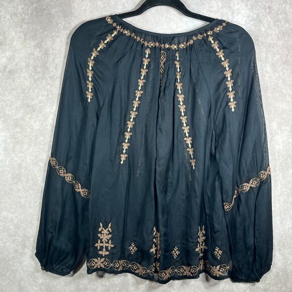 Lucky Brand Top Womens Small Black Gold‎ Embroidered Long Sleeve Sheer Boho - Picture 5 of 9
